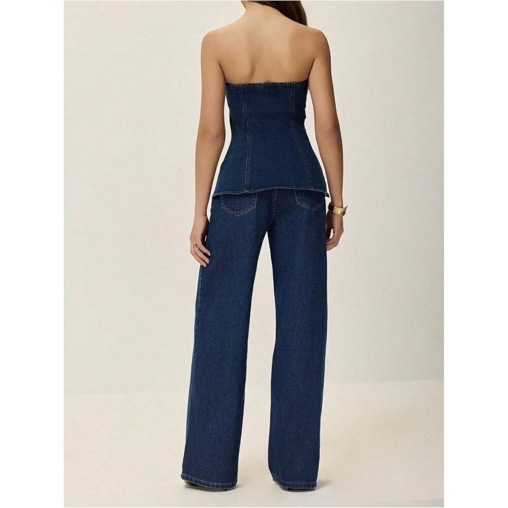 Women's Denim Tube Top Non Stretch Slim Fit Sleeveless Casual Vacation - Picture 3 of 6